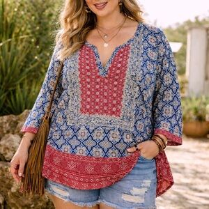 Lucky Brand Boho Patchwork Tunic Top Cotton Blue Red 2X